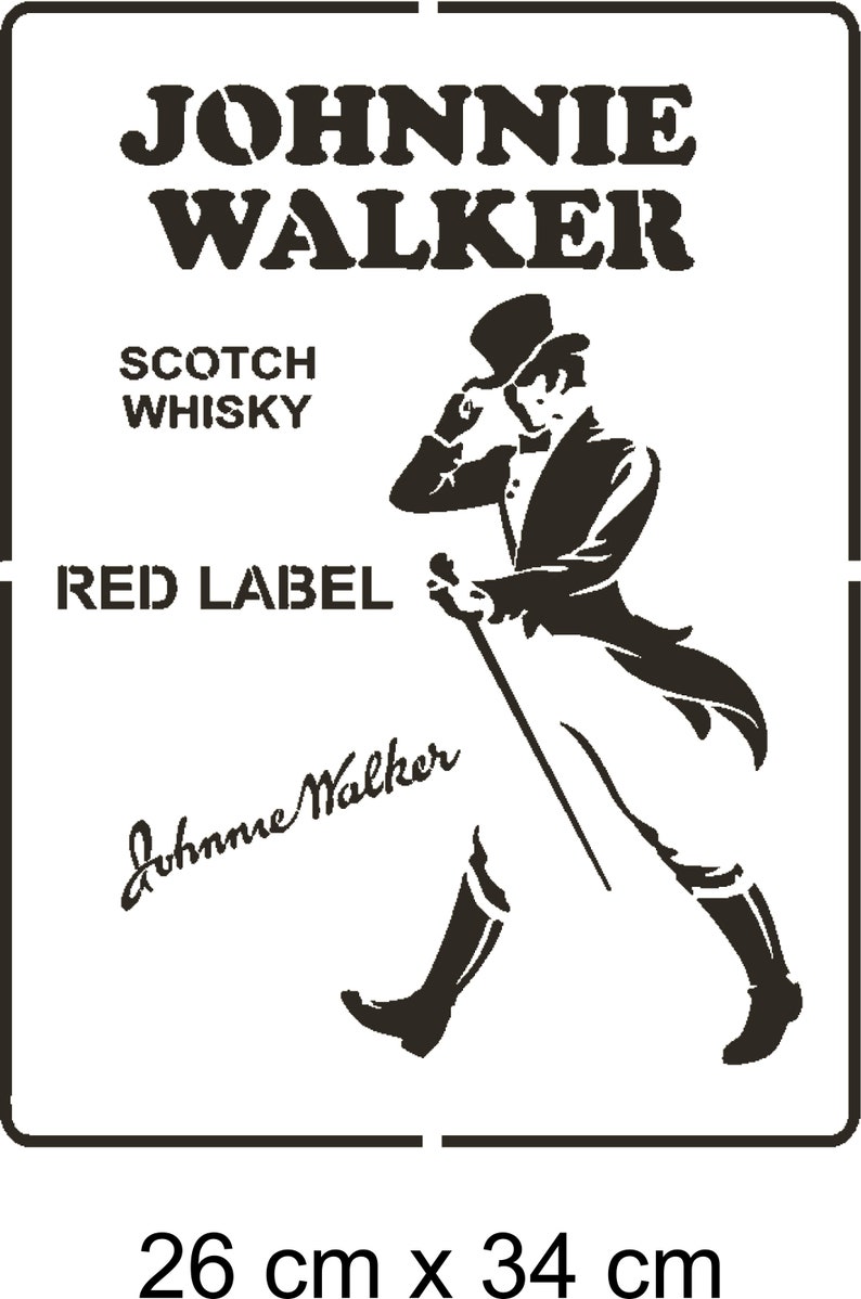 May include: Black and white silhouette of a man in a top hat and tails walking with a cane. The text "JOHNNIE WALKER SCOTCH WHISKY RED LABEL" is printed above the man. The text "Johnnie Walker" is printed in cursive below the man. The image is 26 inches by 34 inches.