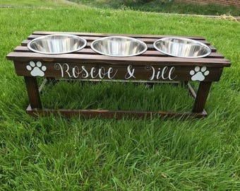 Stained custom TRIPLE bowl elevated feeder / bowl stand / raised dog dish / elevated dog bowl stained with FREE personalization
