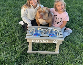 Personalized Stained Double Dog Bowl Stand: Elevated Feeder