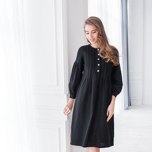 Black linen dress, under the knee dress, elegant black midi, shell buttons, round neck,natural dress, nursing dress, maternity dress