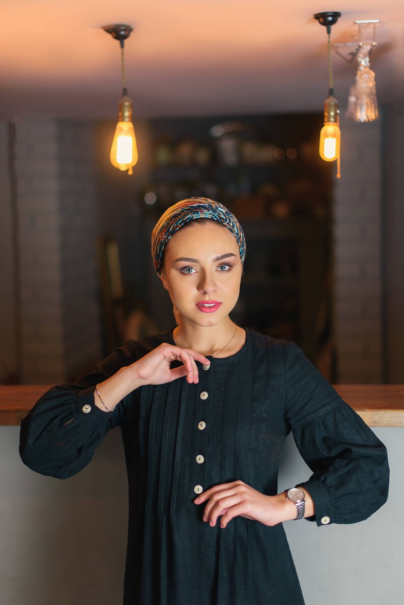 Black Linen Dress Under the Knee Dress Elegant Black Midi Etsy