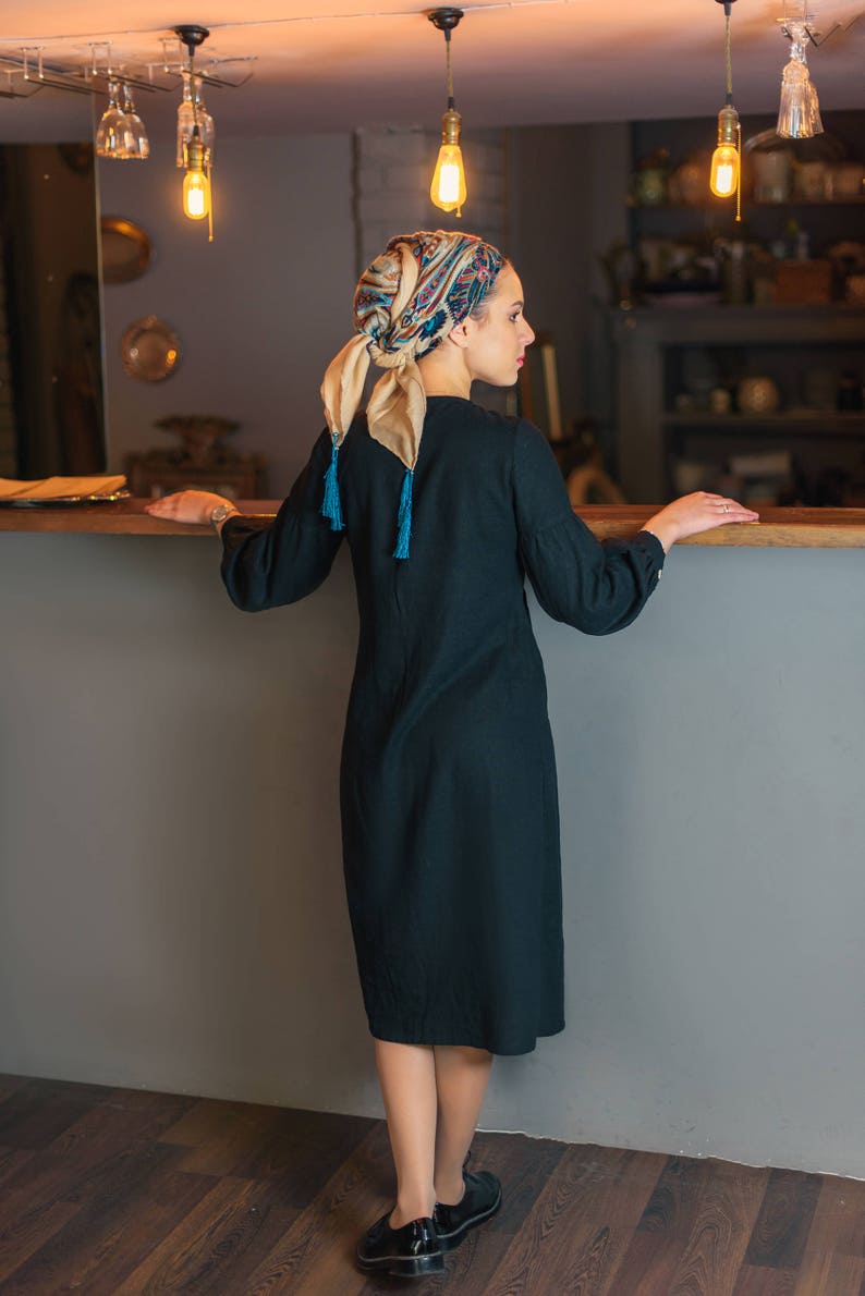 Black Linen Dress Under the Knee Dress Elegant Black Midi Etsy