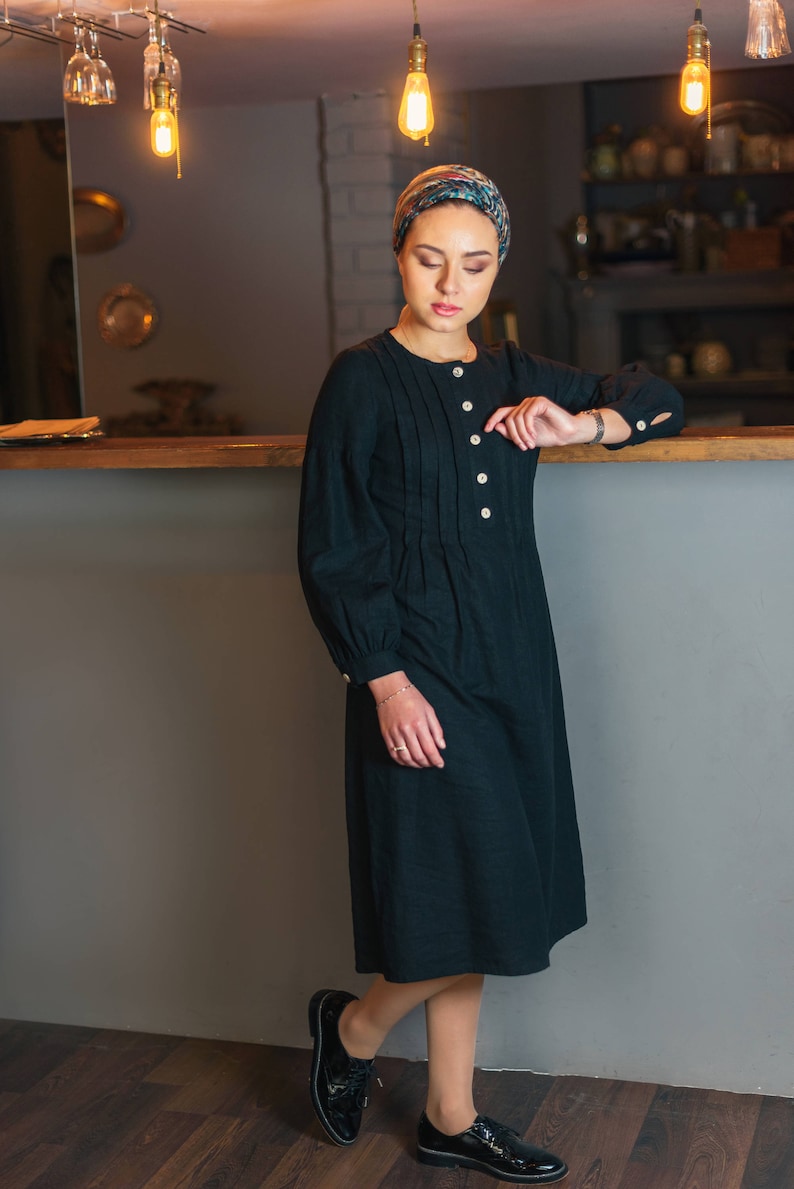 Black Linen Dress Under the Knee Dress Elegant Black Midi Etsy