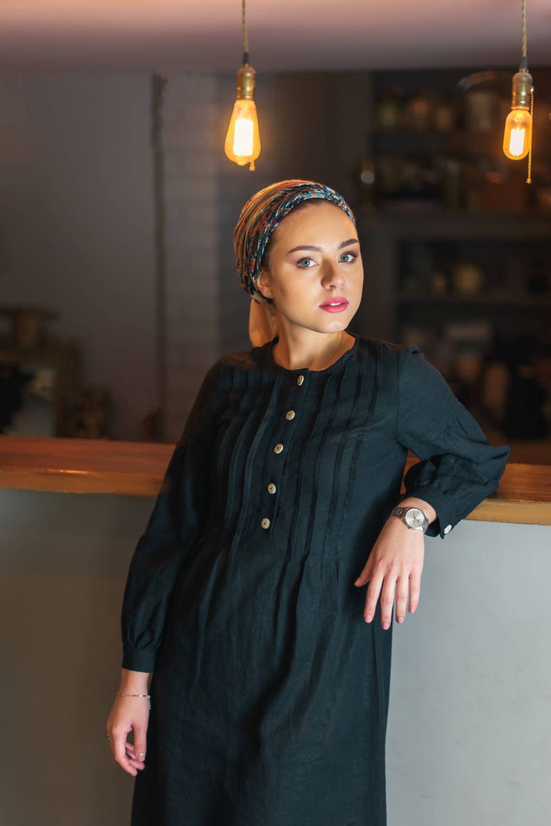 Black Linen Dress Under the Knee Dress Elegant Black Midi Etsy