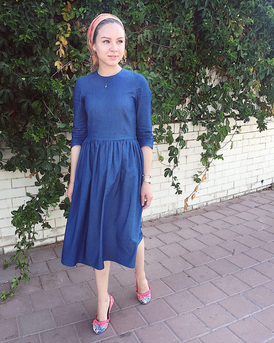 Dark Blue Denim Casual Under the Knee Modest Dress With 3/4 Sleeves and