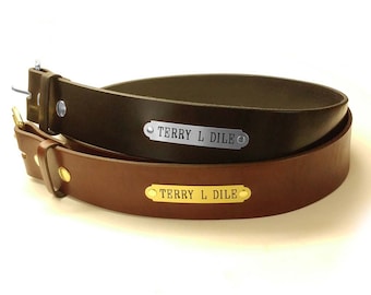 mens leather belt with gold name plate
