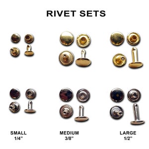 May include: Assortment of brass and silver rivets in three sizes: small (1/4 inch), medium (3/8 inch), and large (1/2 inch).