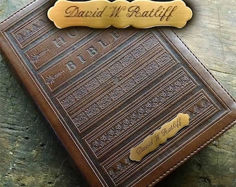 BIBLE Naming PLATE SMALL Thick Ornate 2.5&quot; x .5&quot; x .050&quot; Elegant Solid Brass or Nickel Silver Custom Engraved