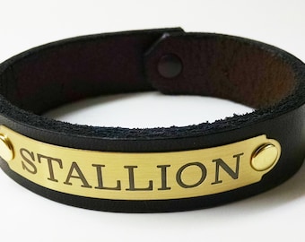 LEATHER HORSE BRACELET Men's/Wide with Custom Engraved Brass Plate
