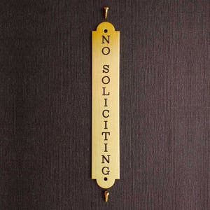 NO SOLICITING Vertical Door Plate 3/4" x 4 1/2" in Solid Brass or Nickel Silver