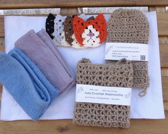 Zero waste 8 stuks Care Yourself doos, Jute washandjes en gezichtsdoeken, Spa ontspannen cadeau voor vrouw zus vriend Kat minnaar, kerstcadeau voor haar