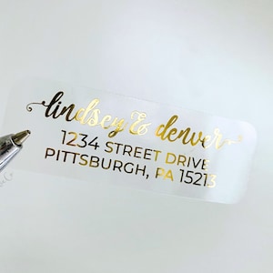 Gold Foil Return Address Label, Clear Gloss Address Sticker, Metallic Transparent Address Label, text stickers, Return Envelope Personalized