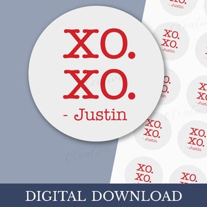 Personalisierte Valentinstag xoxo Design mit Namen Hug Küsse Minimalist Leckerli Tasche Etiketten Gefälligkeiten Kinder Schule DIGITAL Download 2 "Kreis