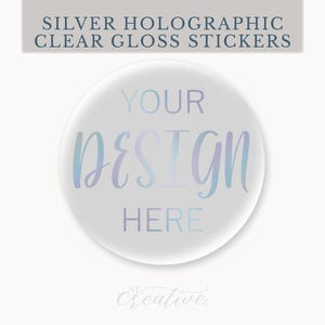 Custom Silver HOLOGRAPHIC foil sticker image logo text clear gloss stickers, round event wedding stickers, round opaque text L.F. %pro