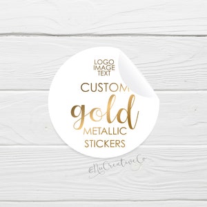 Metallic GOLD stickers, foil on white, Custom gold text stickers, round event wedding, text logo, vinyl L.F.