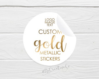 Metallic GOLD stickers, foil on white, Custom gold text stickers, round event wedding, text logo, vinyl See PHOTOS for more INFO TBDesigned