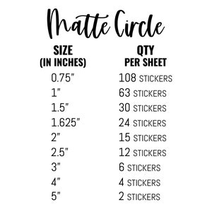 May include: A chart showing the quantity of matte circle stickers per sheet based on the size of the sticker in inches. The sizes range from 0.75 inches to 5 inches.