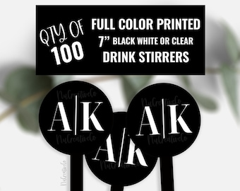 Full Color Printed Initial Swizzle Sticks, QTY of 100, 7 inch Black White Clear Drink Stirrer, Custom Cocktail, Personalized, Wedding, Event