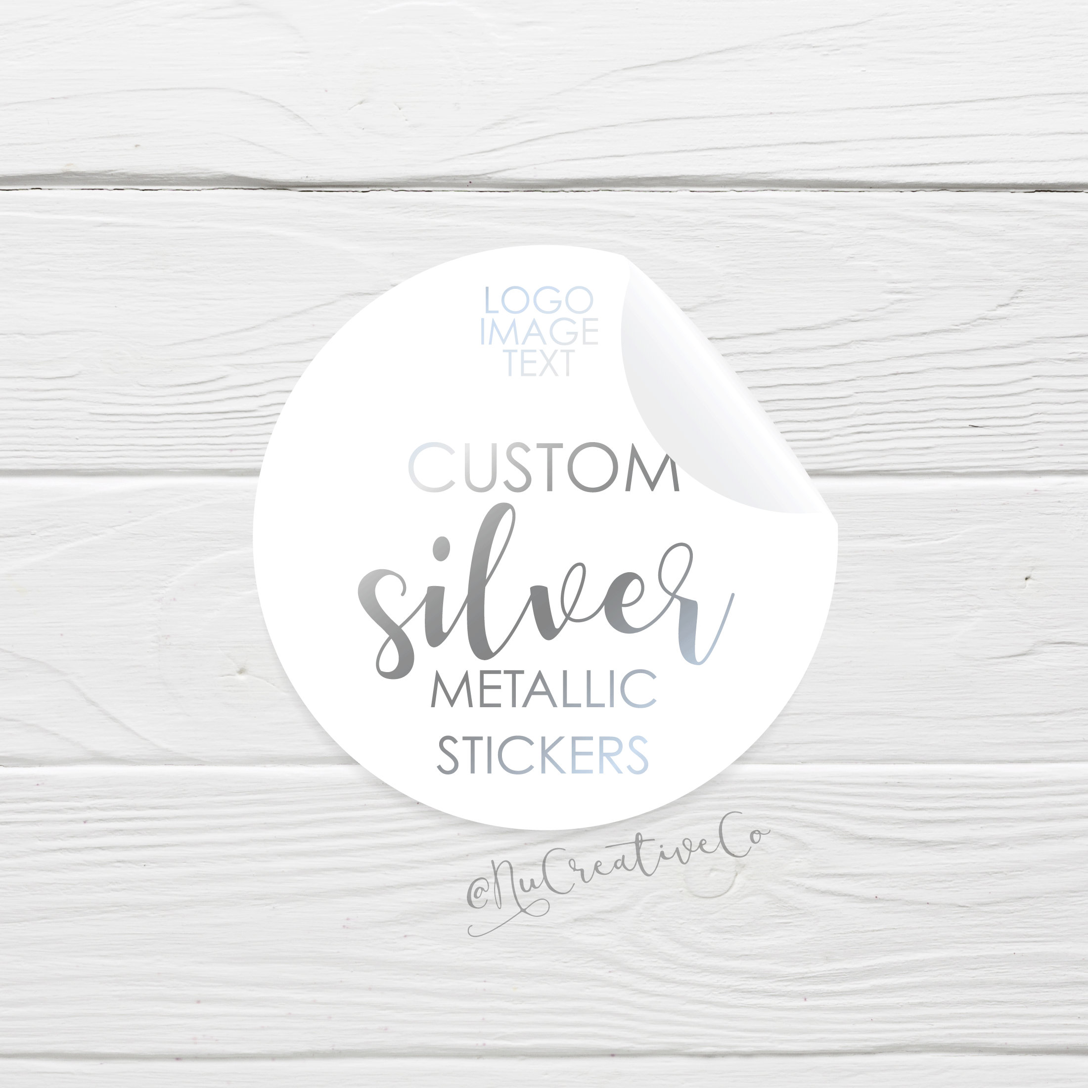 Metallic SILVER stickers foil on white Custom silver round