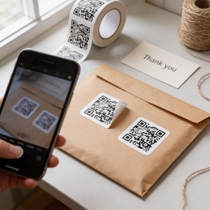 a person holding a smartphone, which is capturing a QR code on a brown envelope. The envelope has two QR codes printed on it, and there is a note that says "Thank you" on the desk.