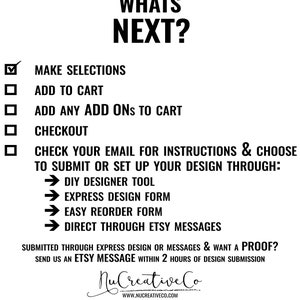 May include: A checklist with a title "WHATS NEXT?" and instructions for submitting a design through different methods, including DIY Designer Tool, Express Design Form, Easy Reorder Form, and Direct Through Etsy Messages. The text also includes a note about sending an Etsy message within 2 hours of design submission for a proof.