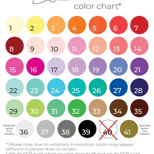 K&ouml;nnte beinhalten: Farbkarte mit 41 verschiedenen Farbmustern, nummeriert von 1 bis 41. Die Karte ist mit "Nu Creative Co color chart*" beschriftet und enth&auml;lt Hinweise zu den Farboptionen. Die Karte enth&auml;lt eine "silberartige" Option und eine "goldartige" Option.