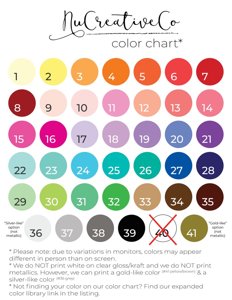 K&ouml;nnte beinhalten: Farbkarte mit 41 verschiedenen Farbmustern, nummeriert von 1 bis 41. Die Karte ist mit "Nu Creative Co color chart*" beschriftet und enth&auml;lt Hinweise zu den Farboptionen. Die Karte enth&auml;lt eine "silberartige" Option und eine "goldartige" Option.