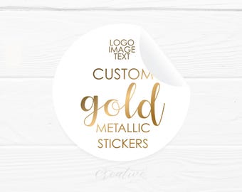 Metallic GOLD stickers, foil on white, Custom gold text stickers, round event wedding, text logo, vinyl L.F. %pro