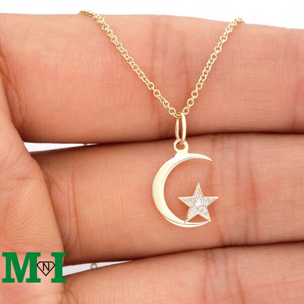 Star Moon Diamond Necklace,Star Necklace,Moon Necklace, Star Diamond Pendant, Moon Pendant,Delicate Diamond Necklace