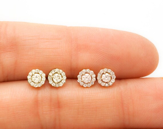 Diamond Stud Earrings Diamond Halo Stud Earrings 14k Solid Etsy