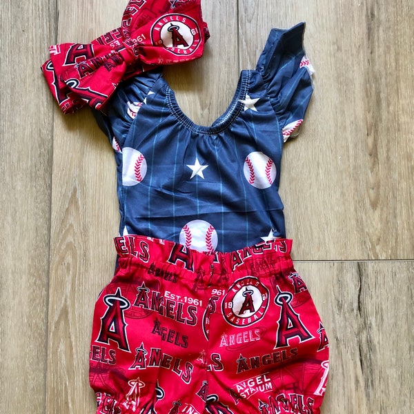 Los Angeles Angels Baseball Bloomer Leotard Headwrap Bloomers Little Baby Girl Toddler Big Bow Bows Infant Shorts Bummies