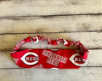 Cincinnati Reds Inspired Baseball Headband Stretch Elastic Adult Child Toddler Little Baby Girl Accessories Headwrap Buttons Mask Holde