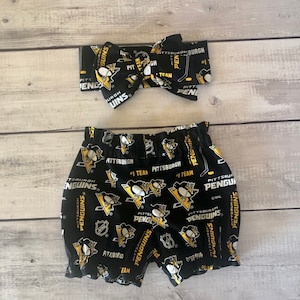 Pittsburgh Penguins Hockey Inspired Headwrap Bloomer Bloomers Shorts Little Baby Girl Toddler Big Bow Infant Headwraps Bows Bummies