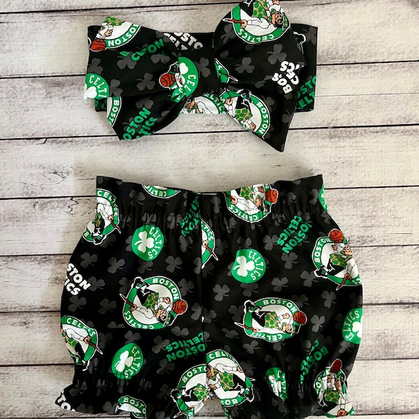 Boston Celtics Inspired Basketball Bloomer Headwrap Bloomers Inspired Headband Toddler Bows Big Bow Little Baby Girl Infant Shorts Bummies