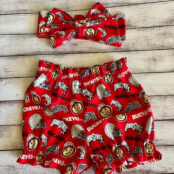 Ohio State Buckeyes Inspired Football Bloomer Headwrap Headband Toddler Bows Big Bow Infant Little Baby Girl Headwraps Shorts  Bummies