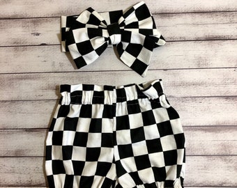 Checkered Flag Car Racing Checker Headwrap Bloomer Infant Headband Big Bow Bloomers Toddler Little Baby Girl Bummies Soccer Shorts Diaper