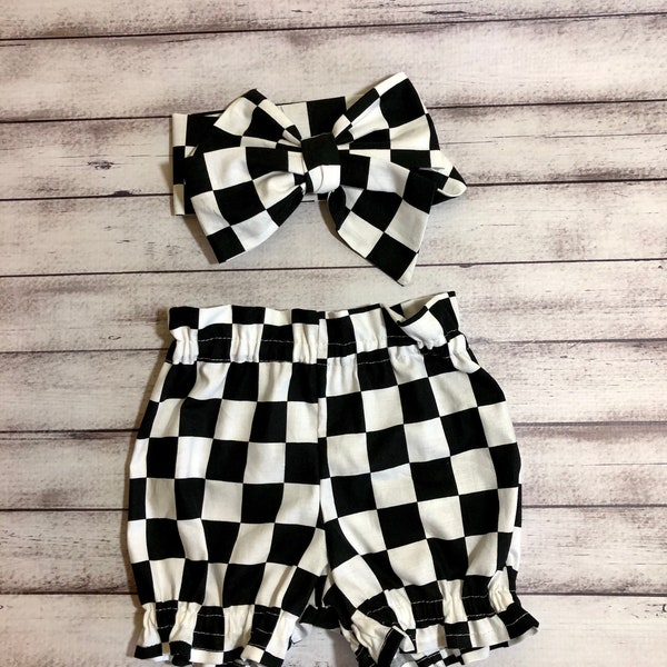 Checkered Flag Car Racing Checker Headwrap Bloomer Infant Headband Big Bow Bloomers Toddler Little Baby Girl Bummies Soccer Shorts Diaper