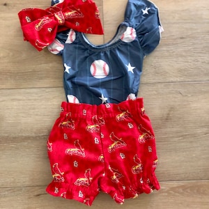 St Louis Cardinals Inspired Bloomer Headwrap Baseball Bloomers Little Baby Girl Toddler Bows Big Bow Infant Headband Shorts Bummies Leotard