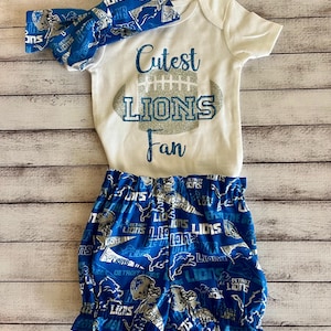 Detroit Lions Inspired Football Bloomer Bummies Set Headwrap Headband Toddler Bows Big Bow Baby Girl Little Infant Shorts