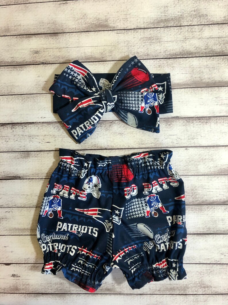 New England Patriots Inspired Headwrap Bloomer Bummies Football Headband Toddler Big Bow Bows Little Baby Girl Newborn Infant Shorts