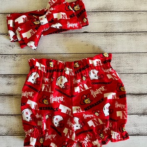 Nebraska Cornhuskers Huskers Inspired Football Bloomer Headwrap Bloomers Little Baby Girl Toddler Big Bow Infant Headband Shorts Bummies