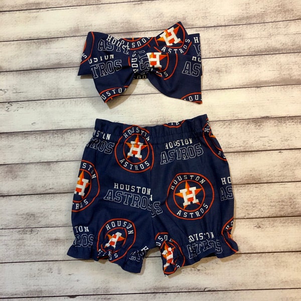 Houston Astros Inspired Headwrap Newborn Bloomer Bummies Baseball Shorts Headband Toddler Big Bow Bows Little Baby Girl Bummies Leotard