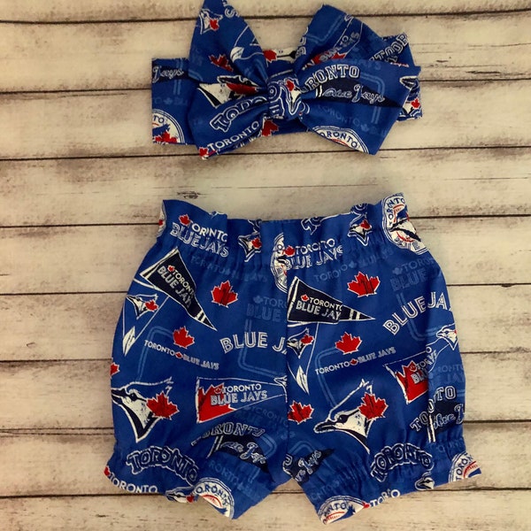 Toronto Blue Jays Inspired Baseball Little Baby Girl Headwrap Bloomers Headband Toddler Bows Big Bow Headwraps Infant Bummies Shorts