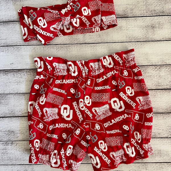 Oklahoma Sooners Inspired Football Bloomer Headwrap Headband Toddler Bows Big Bow Little Baby Girl Headwraps Shorts Newborn Bummies Diaper