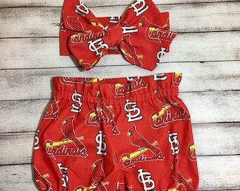 St Louis Cardinals Inspired Bloomer Headwrap Baseball Bloomers Little Baby Girl Toddler Bows Big Bow Infant Headband Shorts Bummies