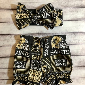 New Orleans Saints Football Inspired Headwrap Headband Toddler Bows Big Bow Little Baby Girl Infant Team Bummies Shorts Bloomer Bloomers