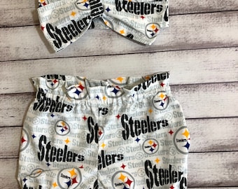 Pittsburgh Steelers Inspired Football Headwrap Bloomer Headband Toddler Bows Big Bow Little Baby Girl Headwraps Infant Bummies Shorts
