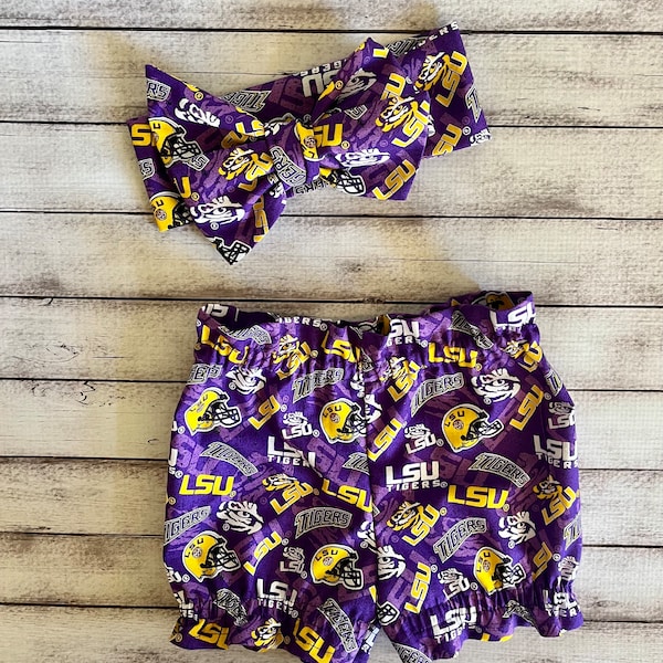 Louisiana State LSU Tigers Inspired Bloomer Headwrap Bloomers Football Little Baby Girl Toddler Bows Big Bow Infant Headband Shorts Bummies