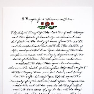 May include: A handwritten prayer for a woman in labor, with a floral illustration of red roses and green leaves. The prayer begins with "Lord God Almighty, the Creator of all things..." and ends with "Amen."