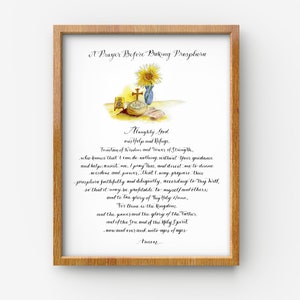 May include: A watercolor illustration of a prayer before baking prosphera. The image features a small icon, a cross, a bowl, a sunflower, and a vase. The text reads: "Almighty God, our help and refuge, fountain of wisdom and tower of strength, who knows that I can do nothing without your guidance and helps, assist me, I pray that I may prepare this prosphera faithfully and diligently, according to thy will, so that it may be profitable to myself and others, and to the glory of thy holy name. For thine is the kingdom, and the power and the glory of the Father, and of the Son and of the Holy Spirit, now and ever and unto ages of ages. Amen."